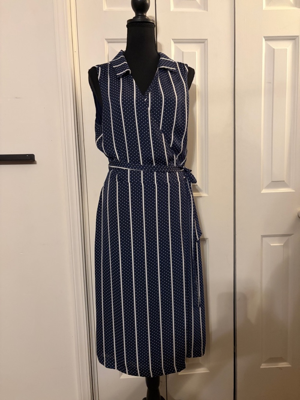 L'Academie Navy and White Polka Dot Striped Midi Wrap Dress